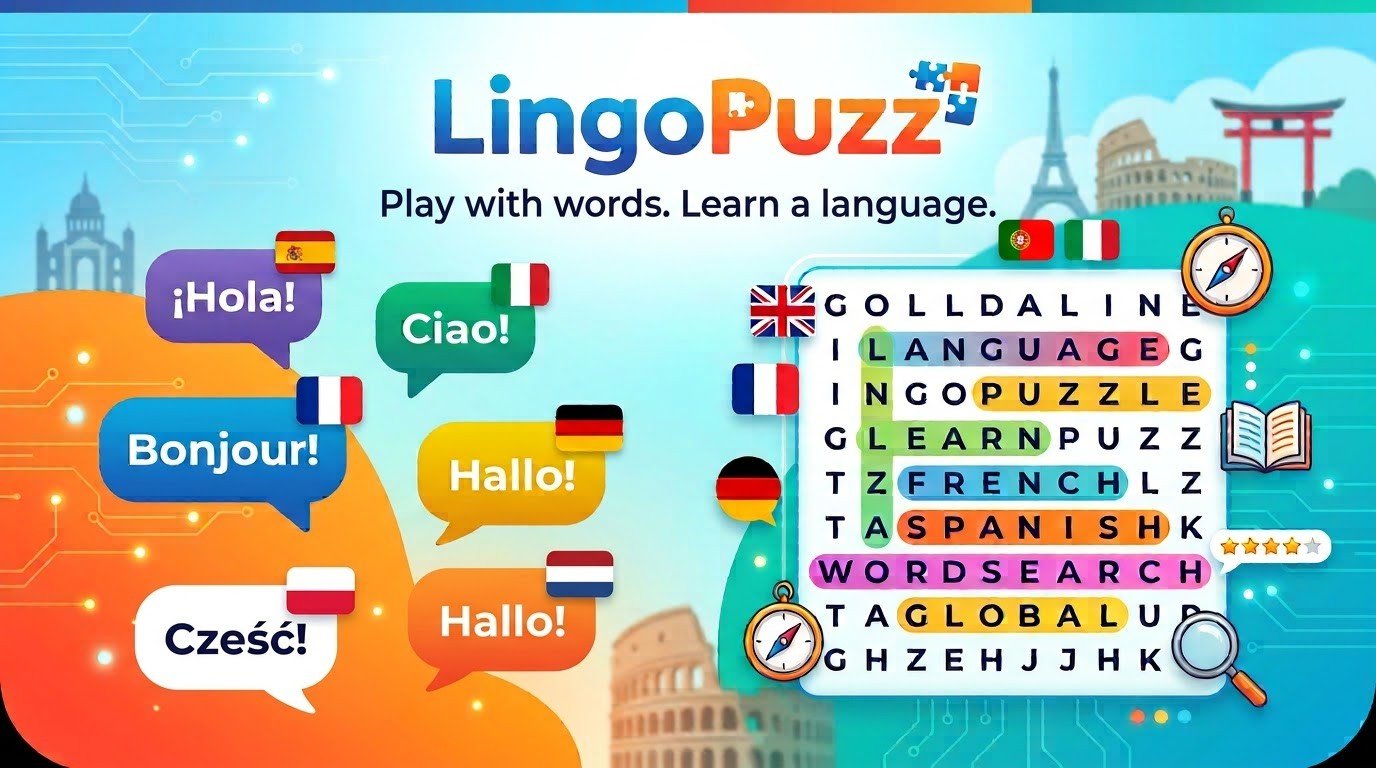 LingoPuzz — play with words, learn a language. Illustrated banner with greetings in Spanish, French, Italian, German, Polish, and Dutch, next to a word search puzzle spelling LANGUAGE, PUZZLE, LEARN, FRENCH, SPANISH, WORDSEARCH, and GLOBAL.
